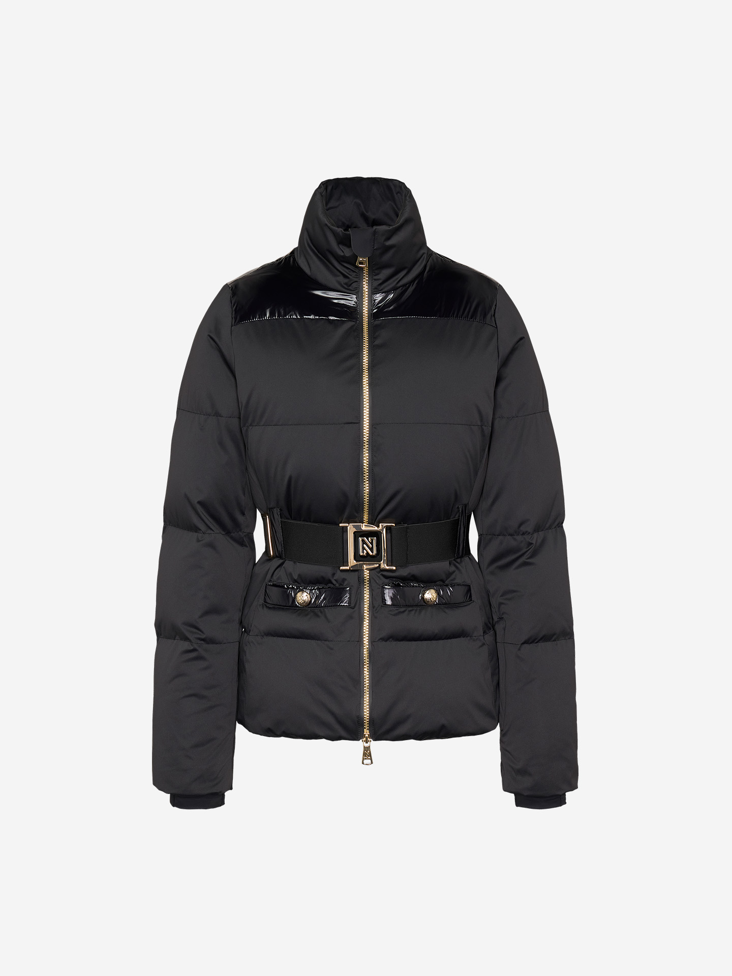Ski jacket with patent leather details and belt