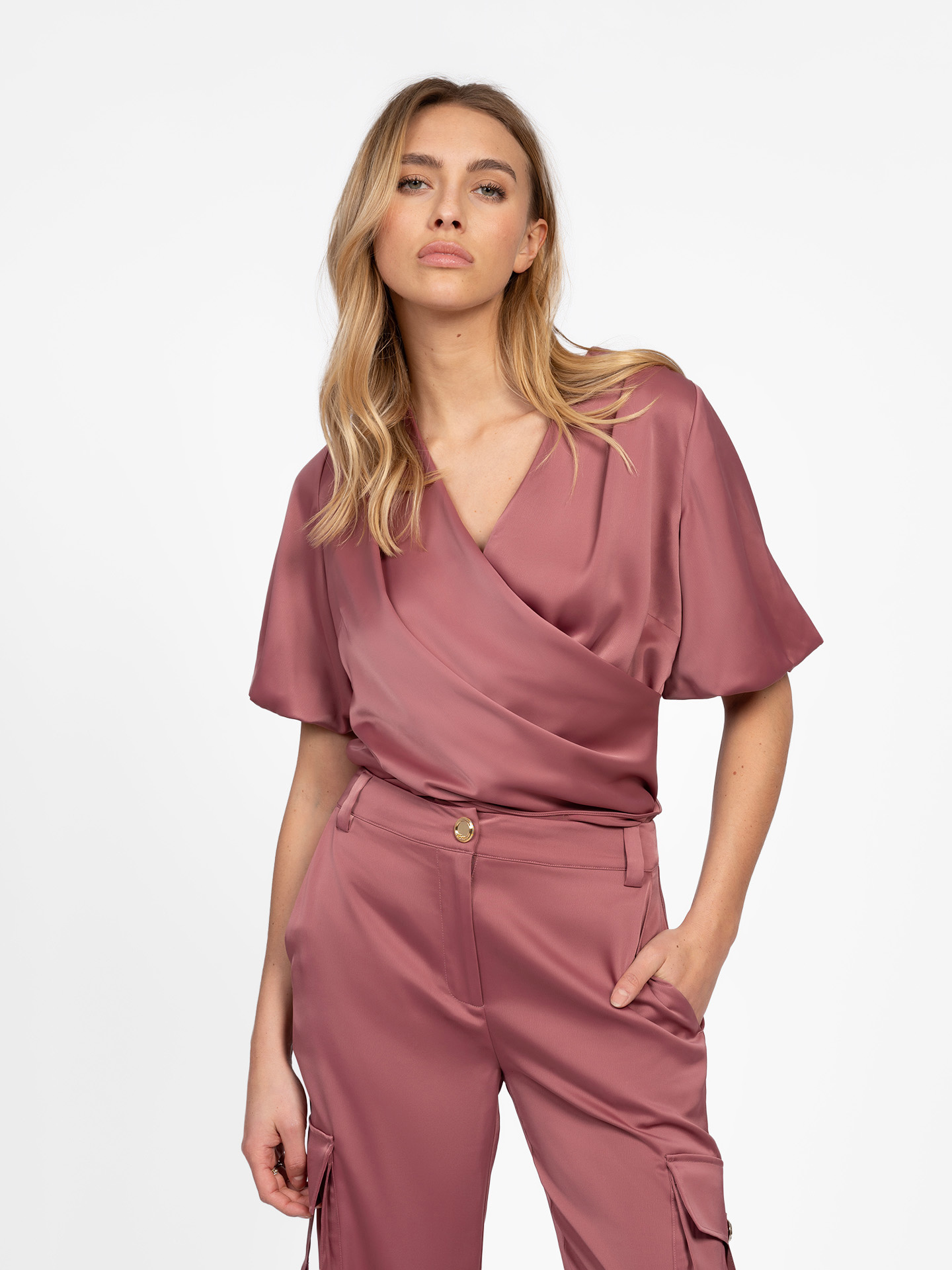Satin blouse with waterfall neckline