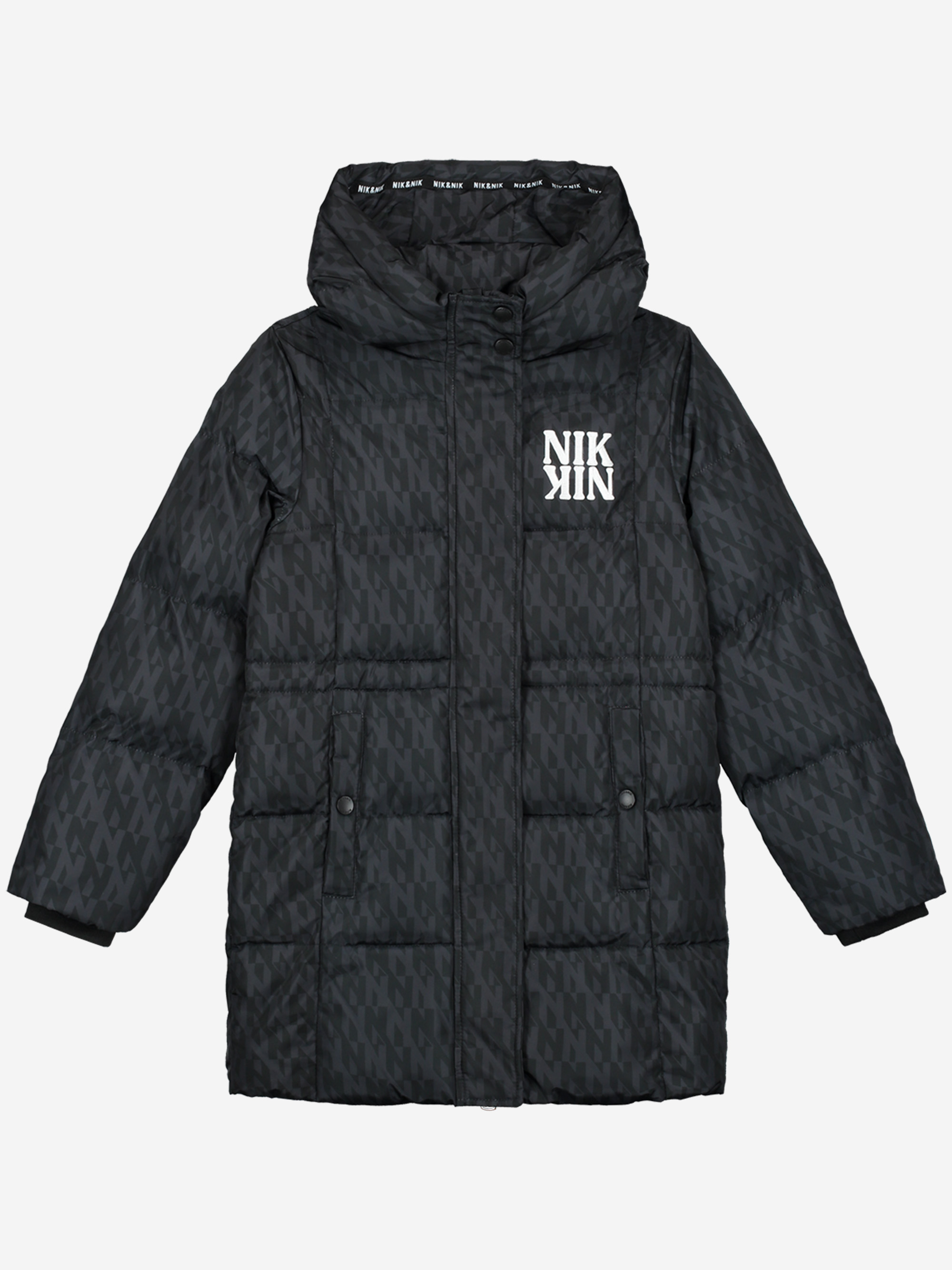 Puffer jacket with logo pattern and hood 