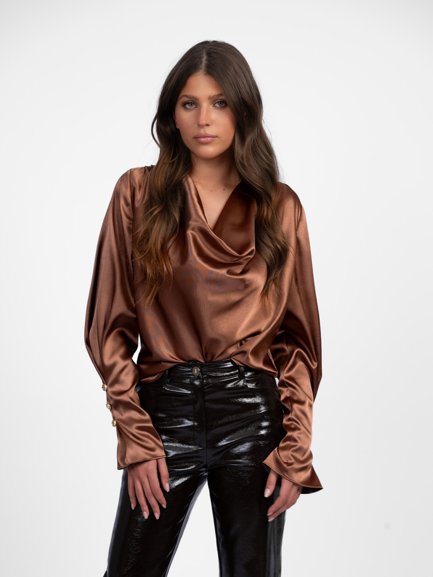 Satin blouse with waterfall neckline