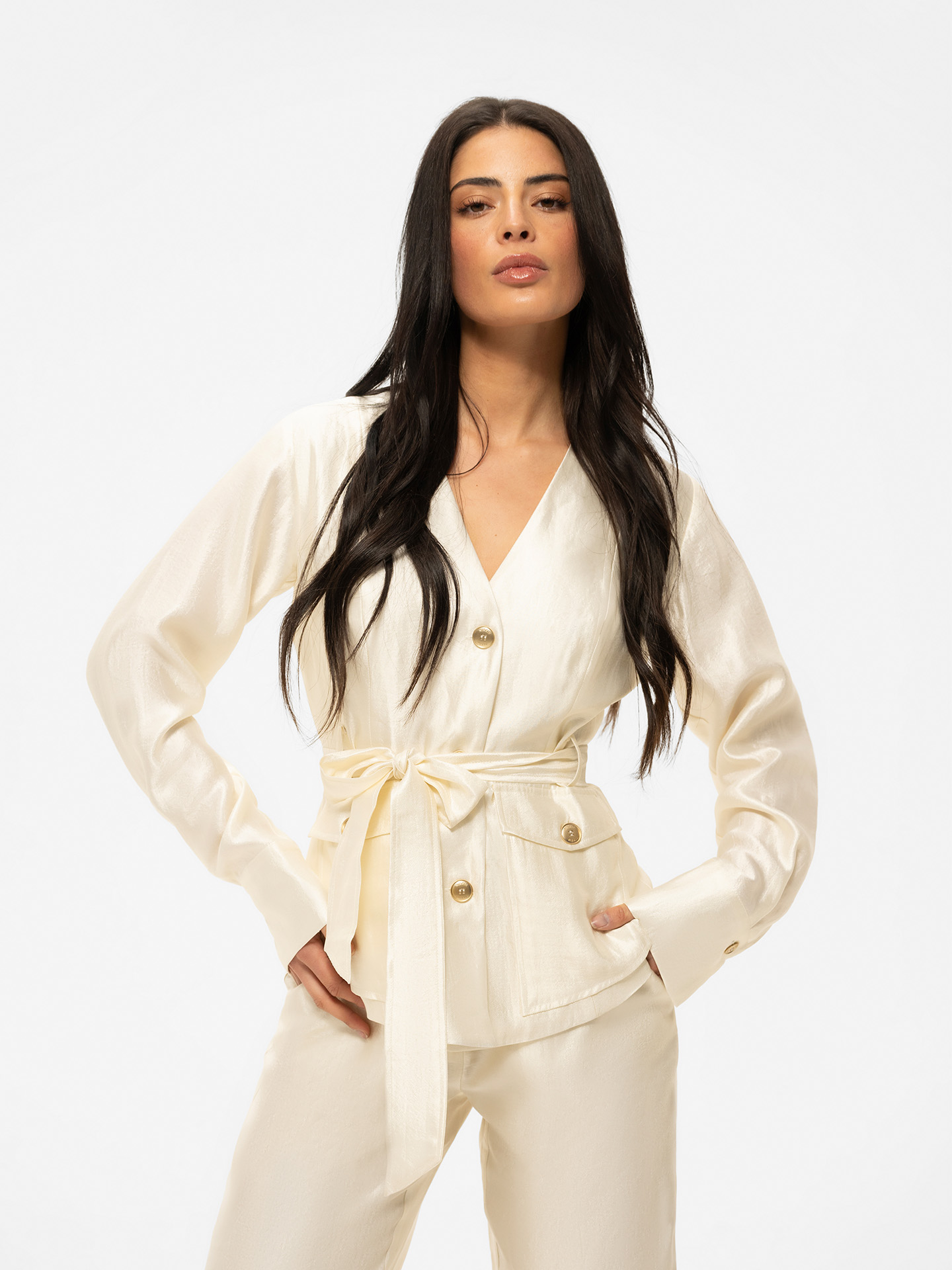 Glitter blouse with belt