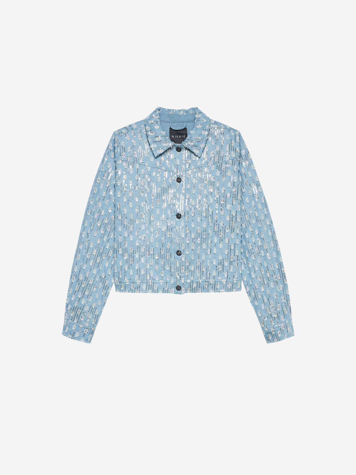 Denim jacket with sequins and tear details