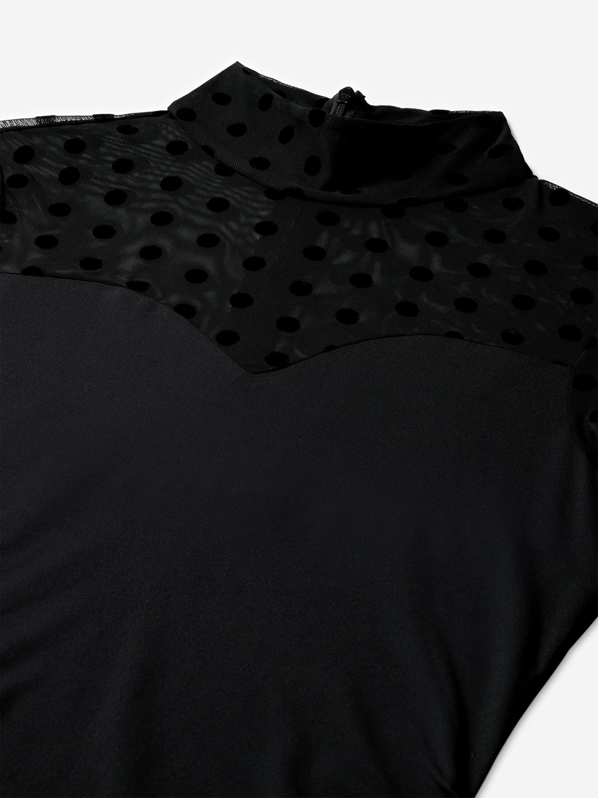 Draped dress with dotted mesh sleeves and turtleneck