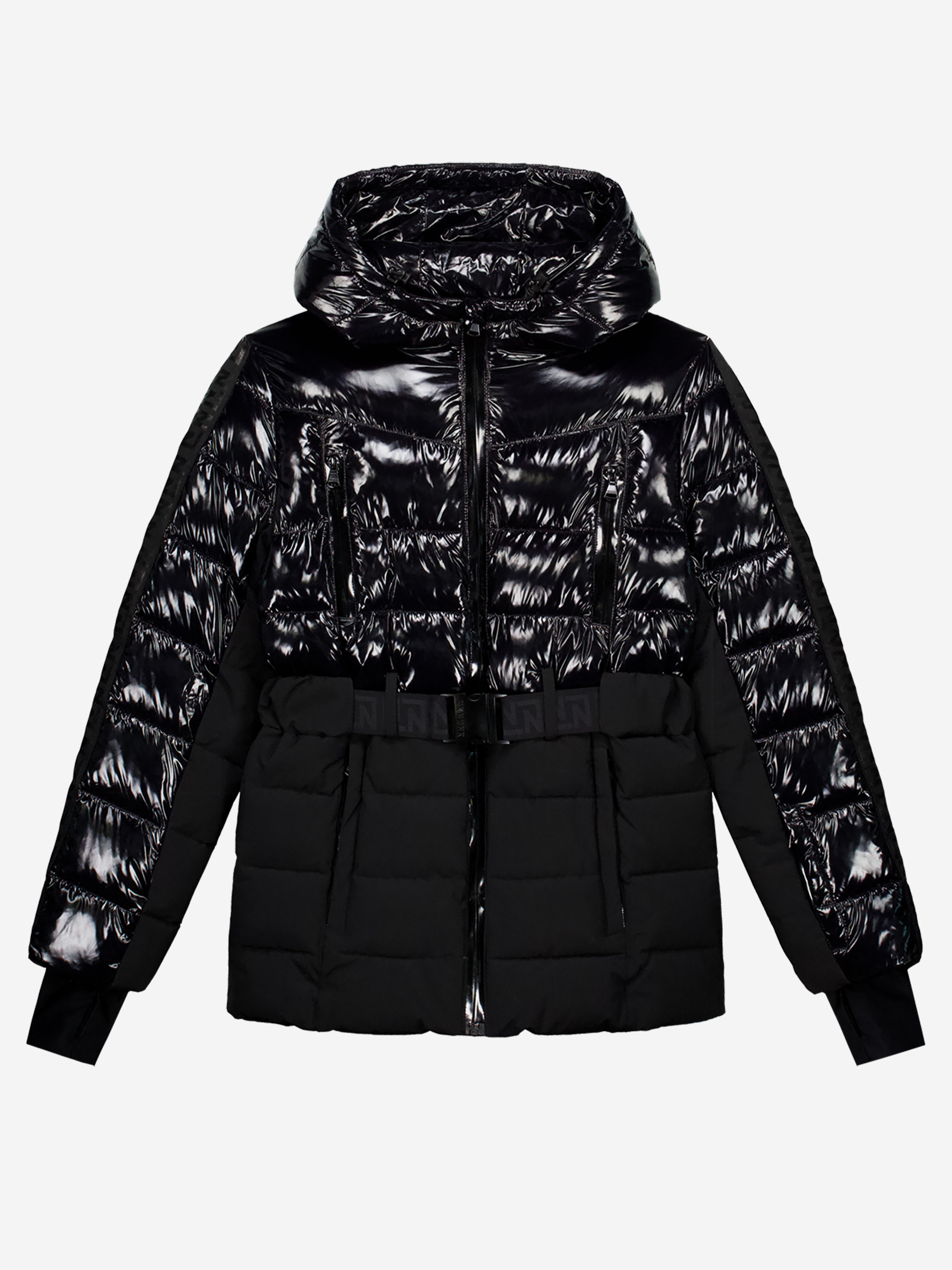 Fitted ski jacket with hood and elastic belt