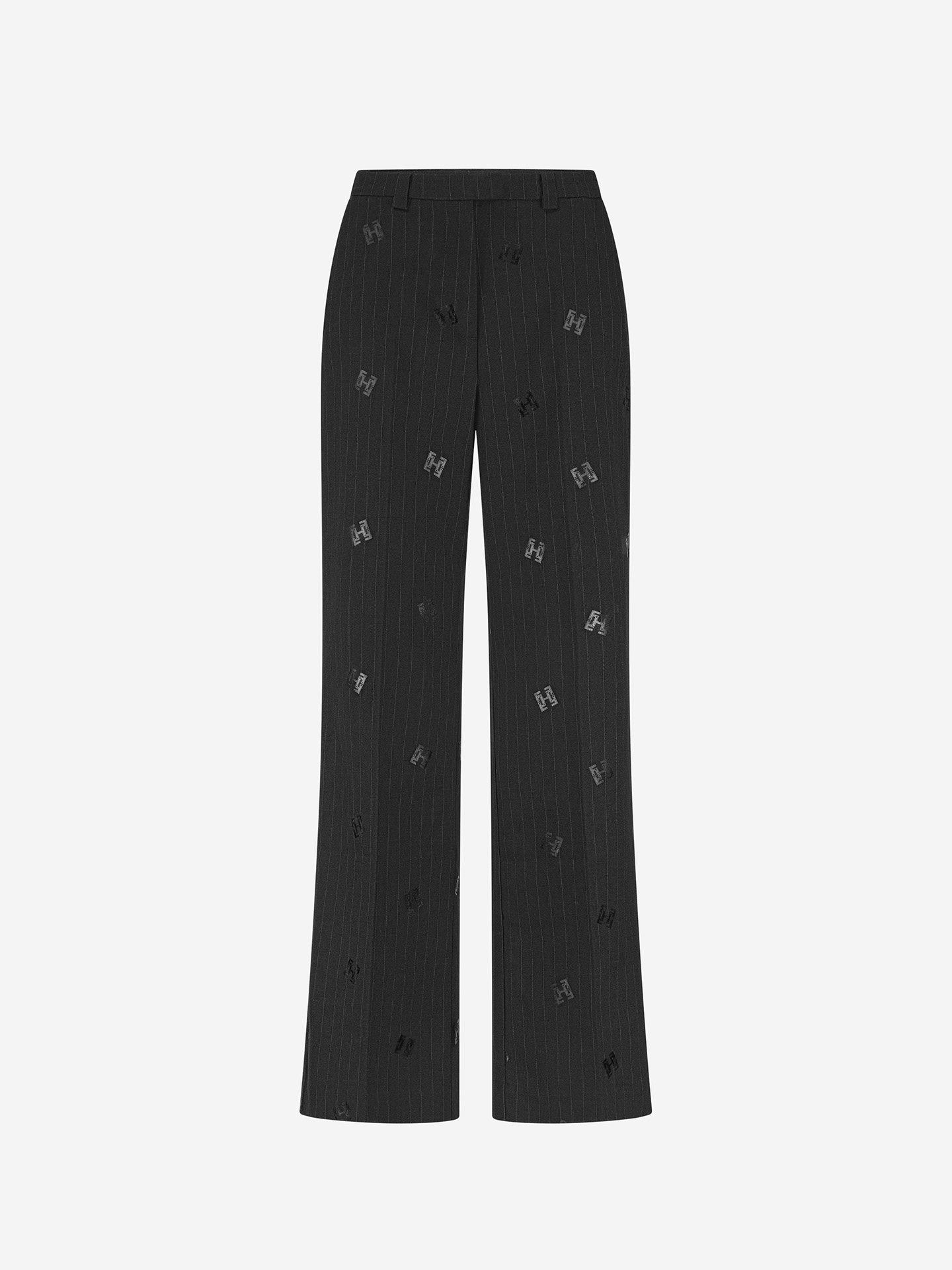 Pants with pinstripe and logos