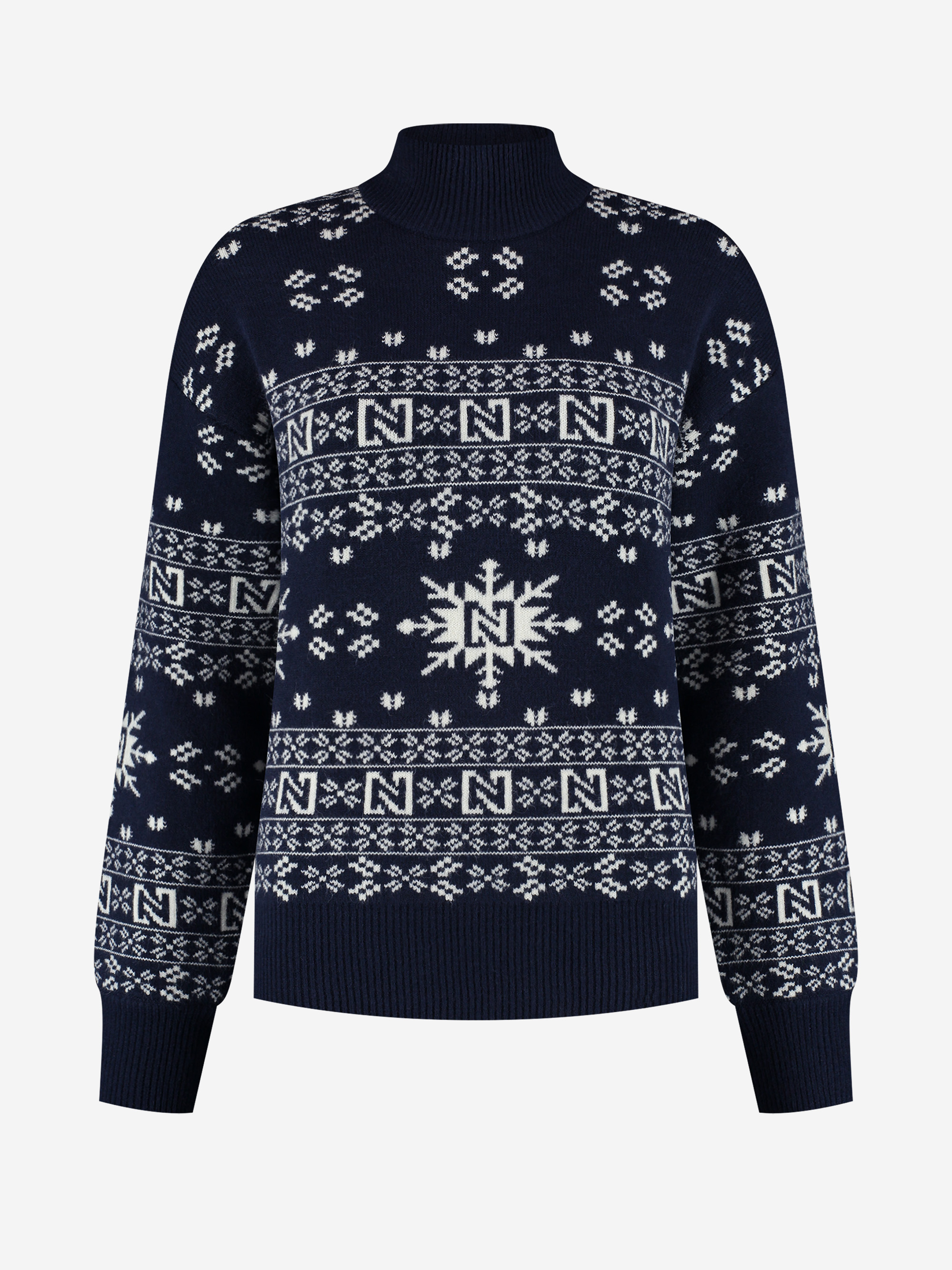 Loose fit pull with logo pattern and high neck