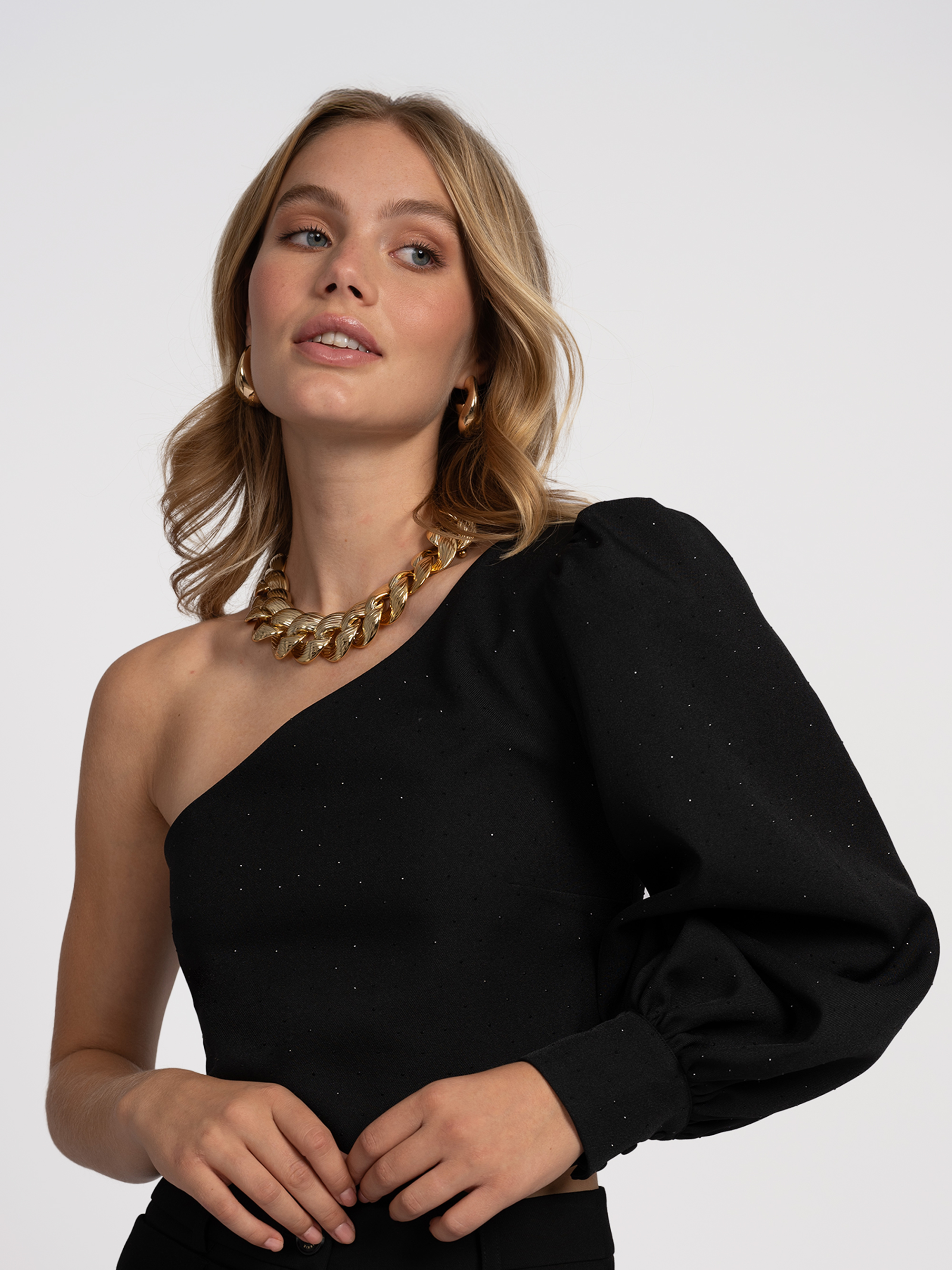 One shoulder top with glitter