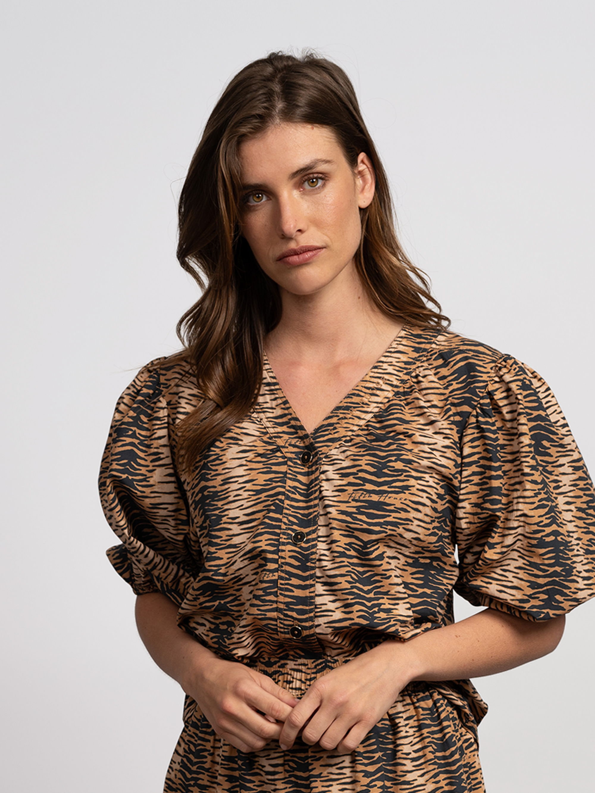 Tiger print blouse with balloon sleeves