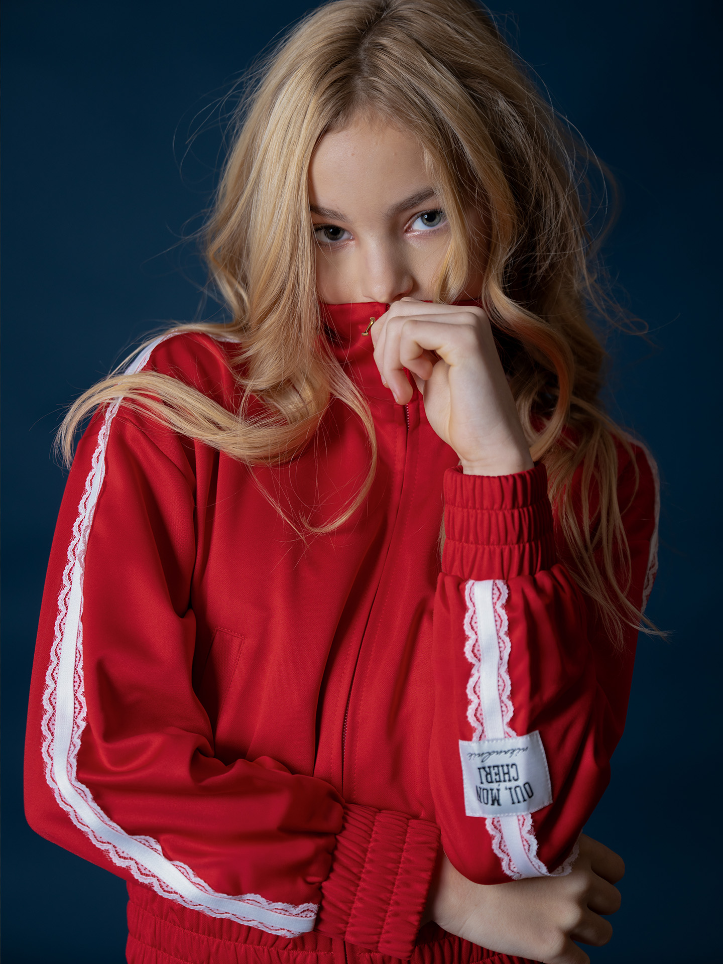 Track jacket with lace trim