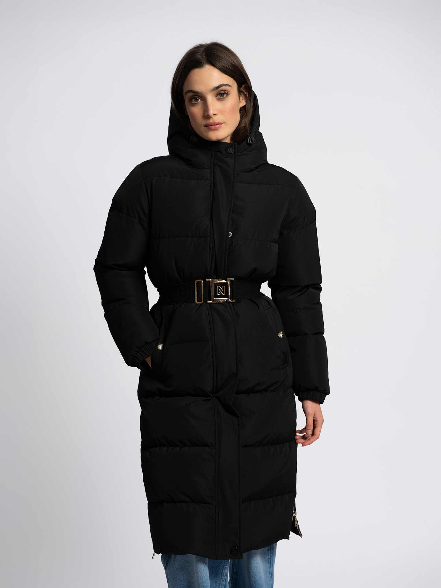 Long padded coat with belt