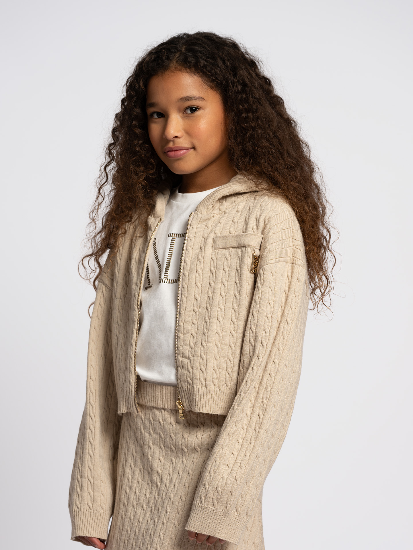 Cable knit cardigan with hood