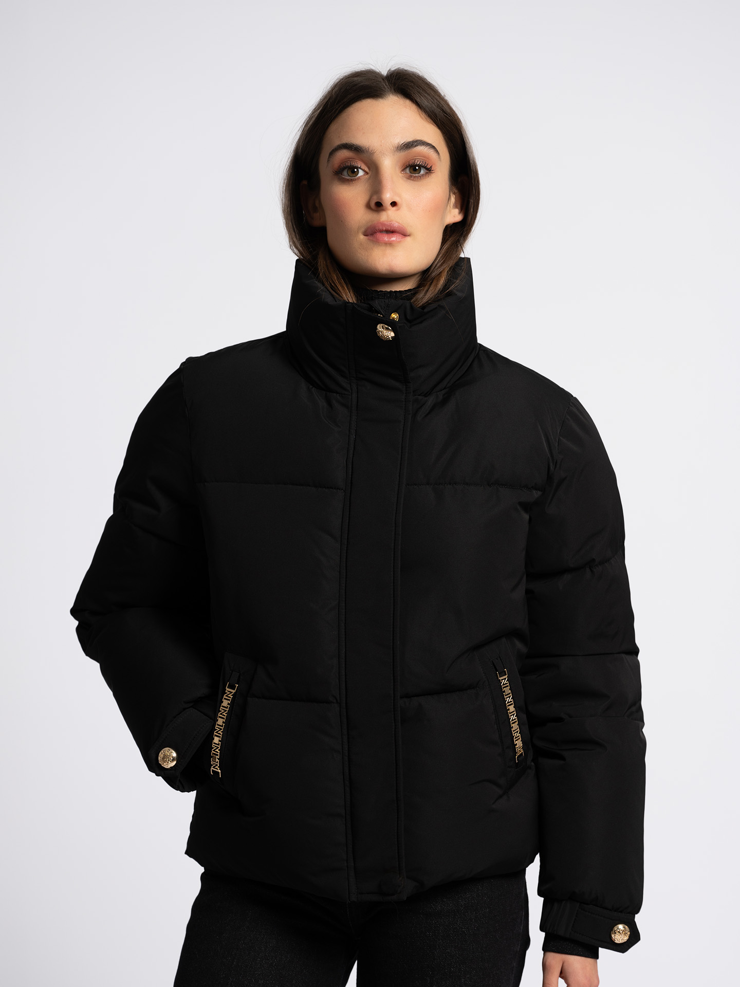 Short puffer jacket with high collar