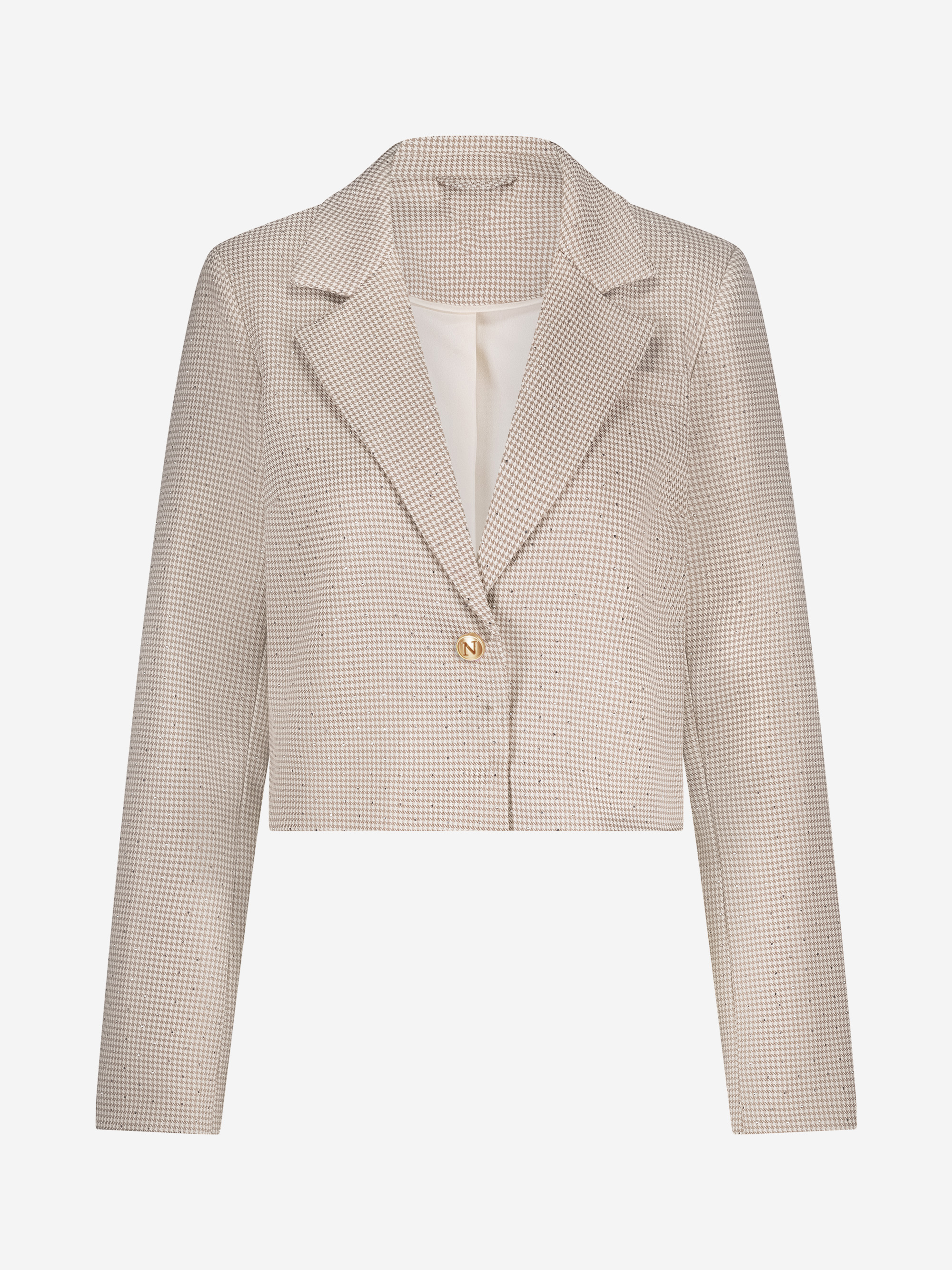 Short blazer with pied-de-poule pattern and rhinestones