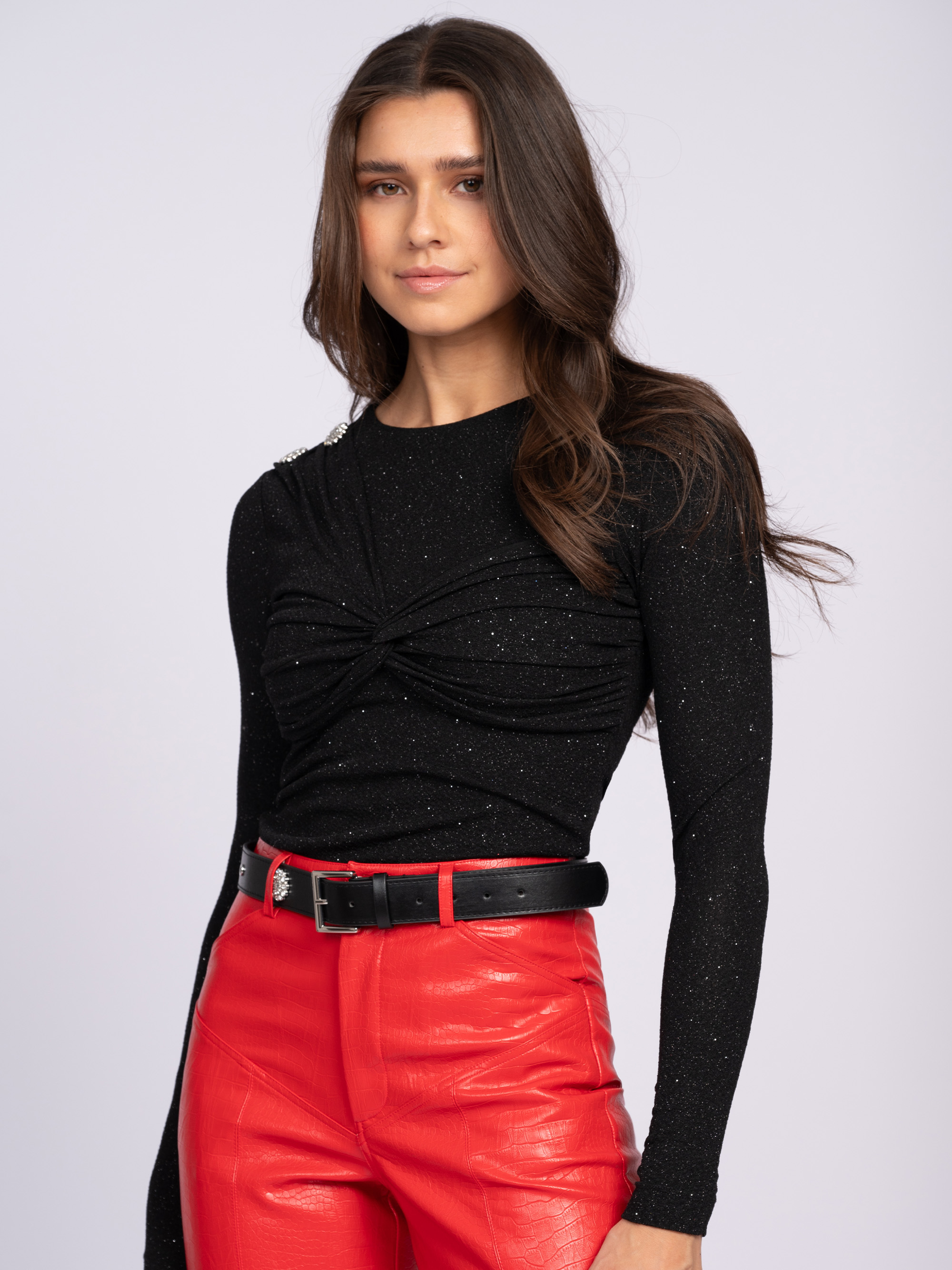 Fitted glitter top with draped detail