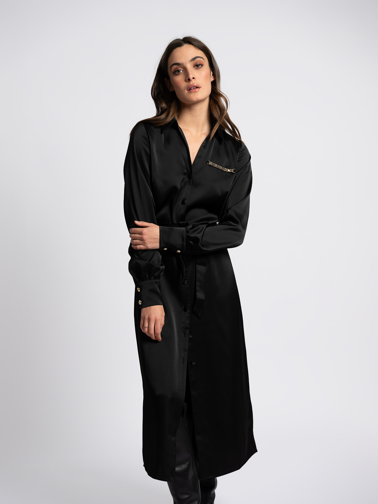 Satin dress with belt and chain detail