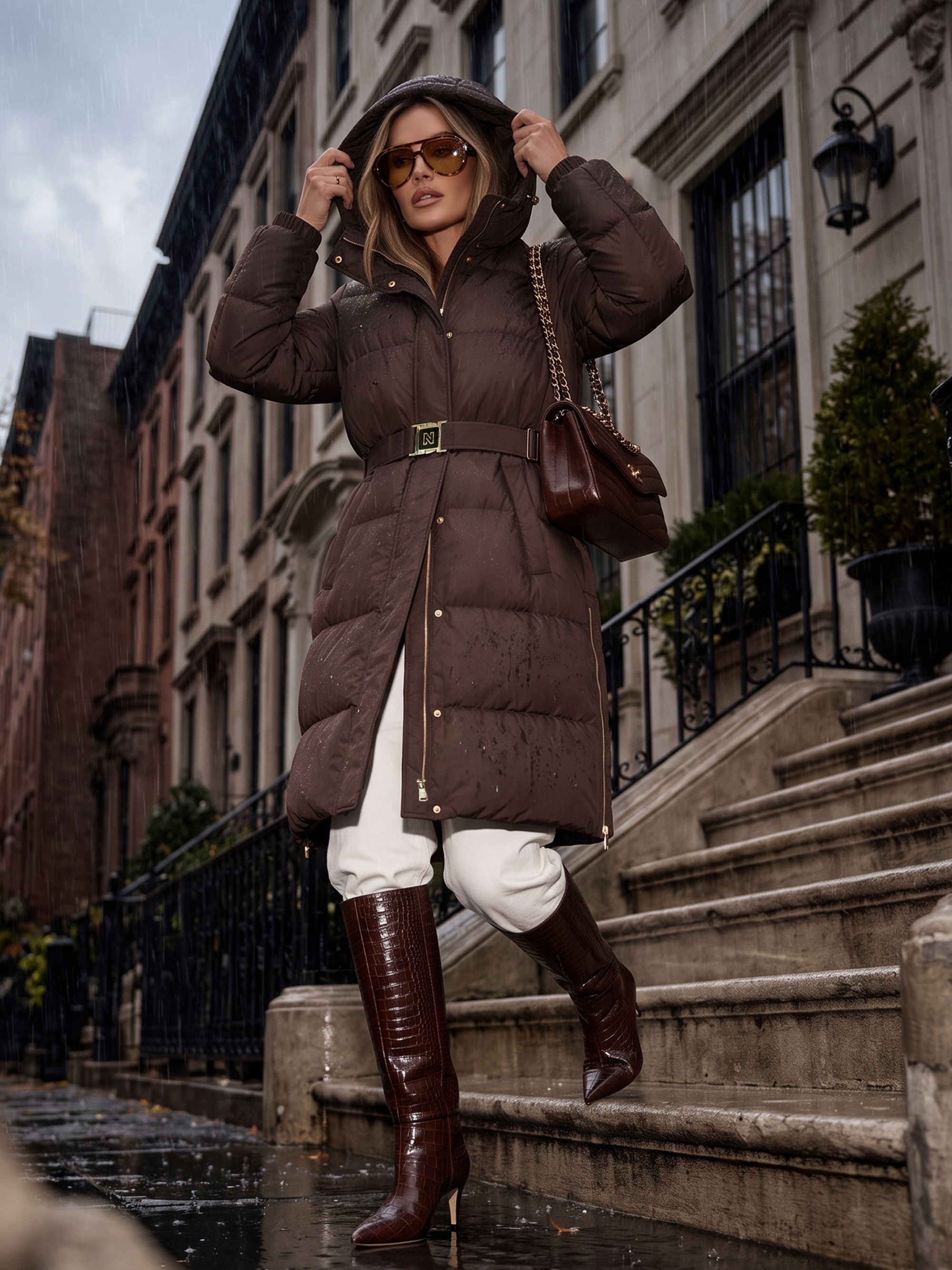 Lange pufferjas met oversized capuchon