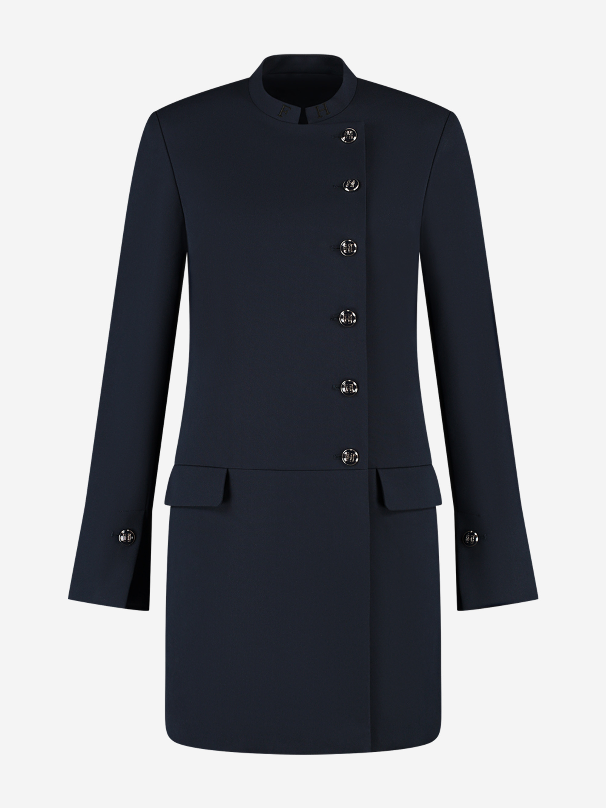 Dress with asymmetrical button closure and flared sleeves