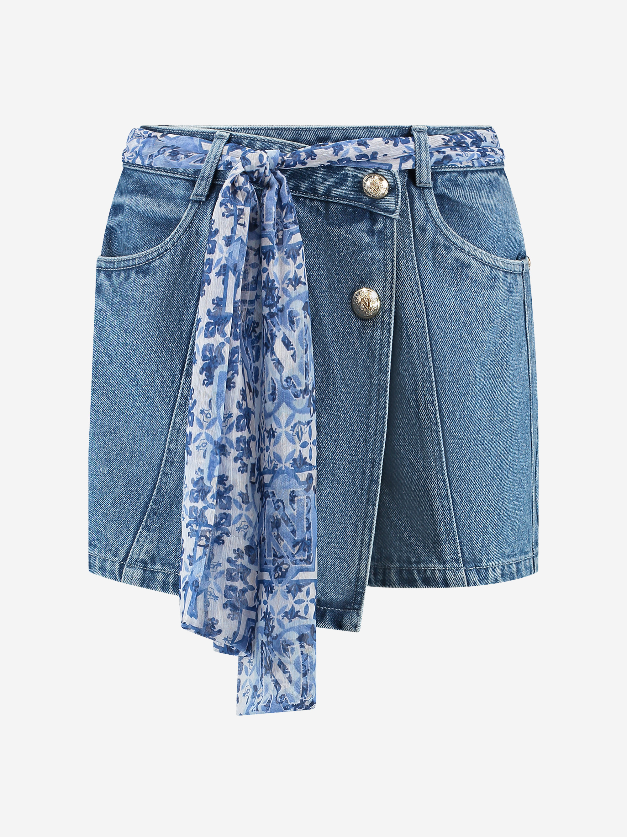 Denim skort with crossed waistband