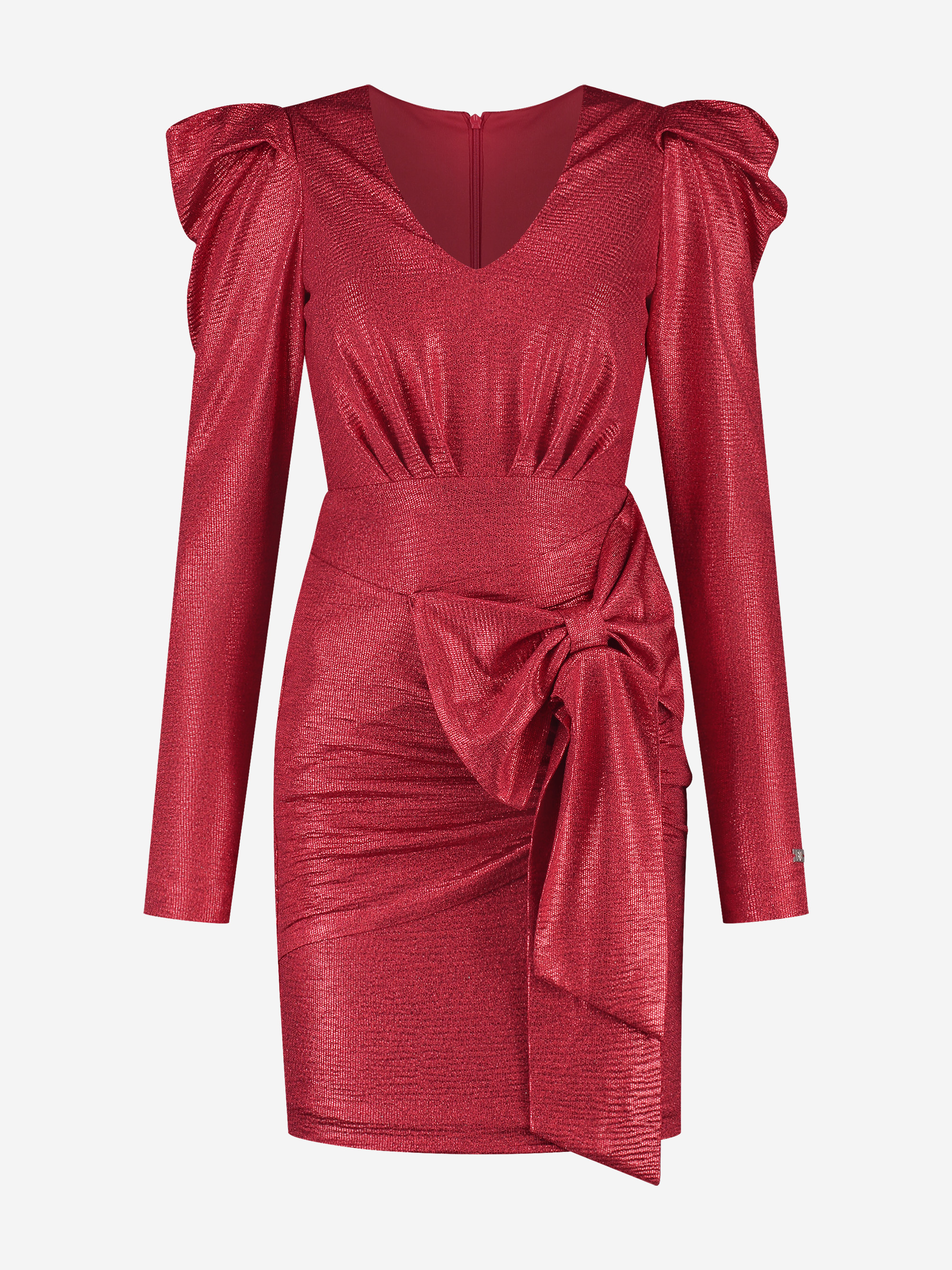 Metallic jurk met pofmouwen en strik detail