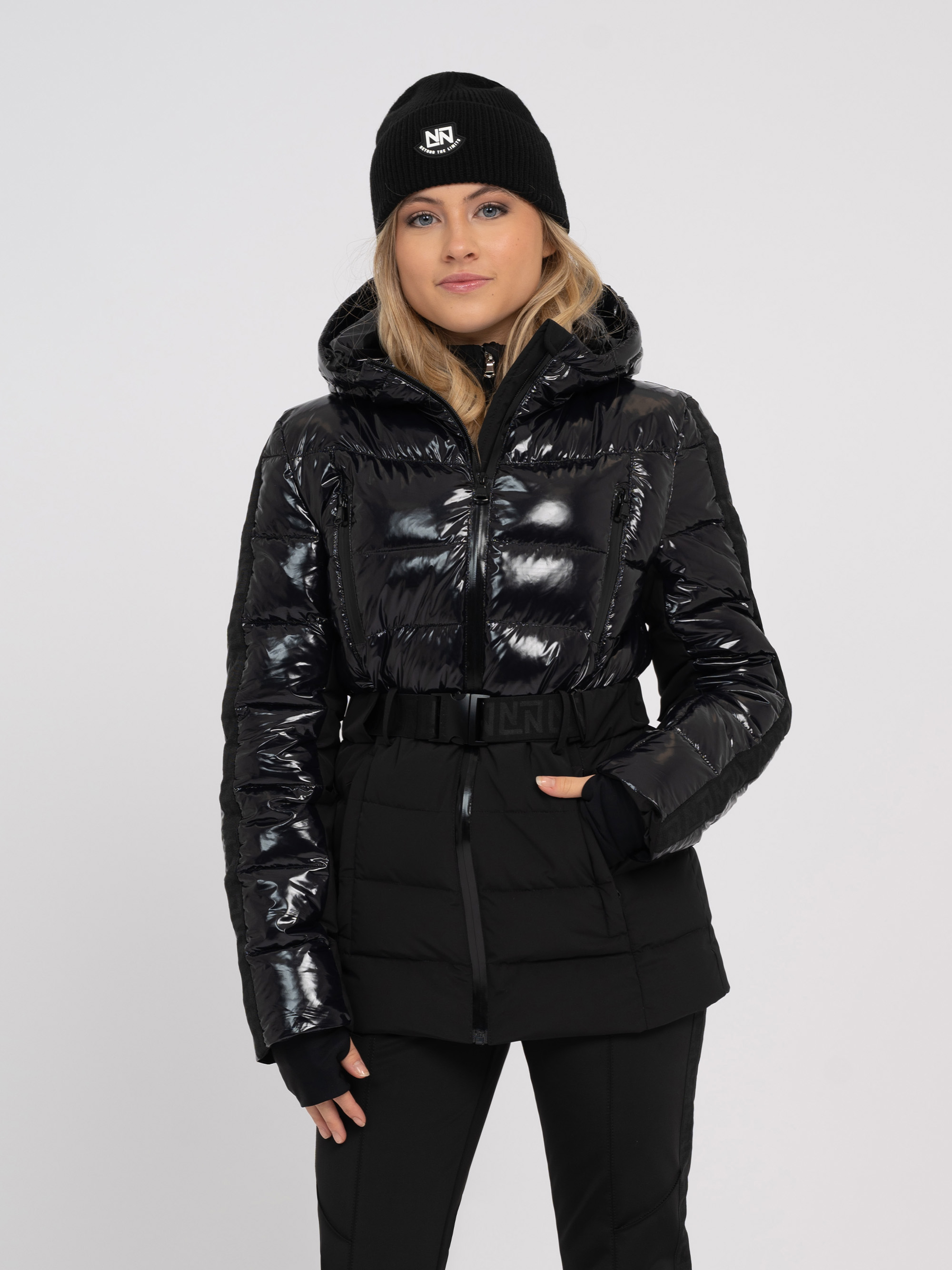 Fitted ski jacket with hood and elastic belt