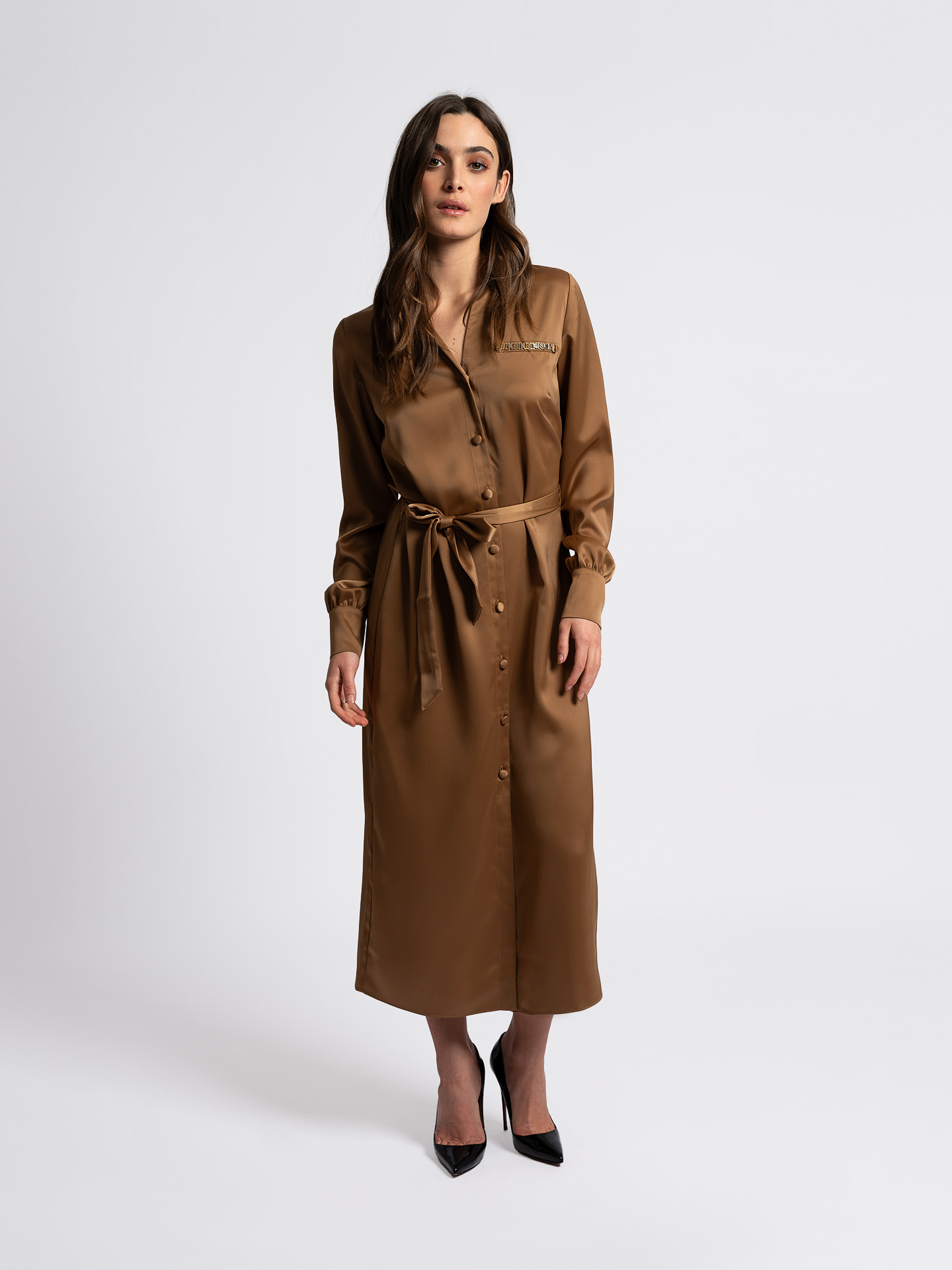 Satin dress with belt and chain detail
