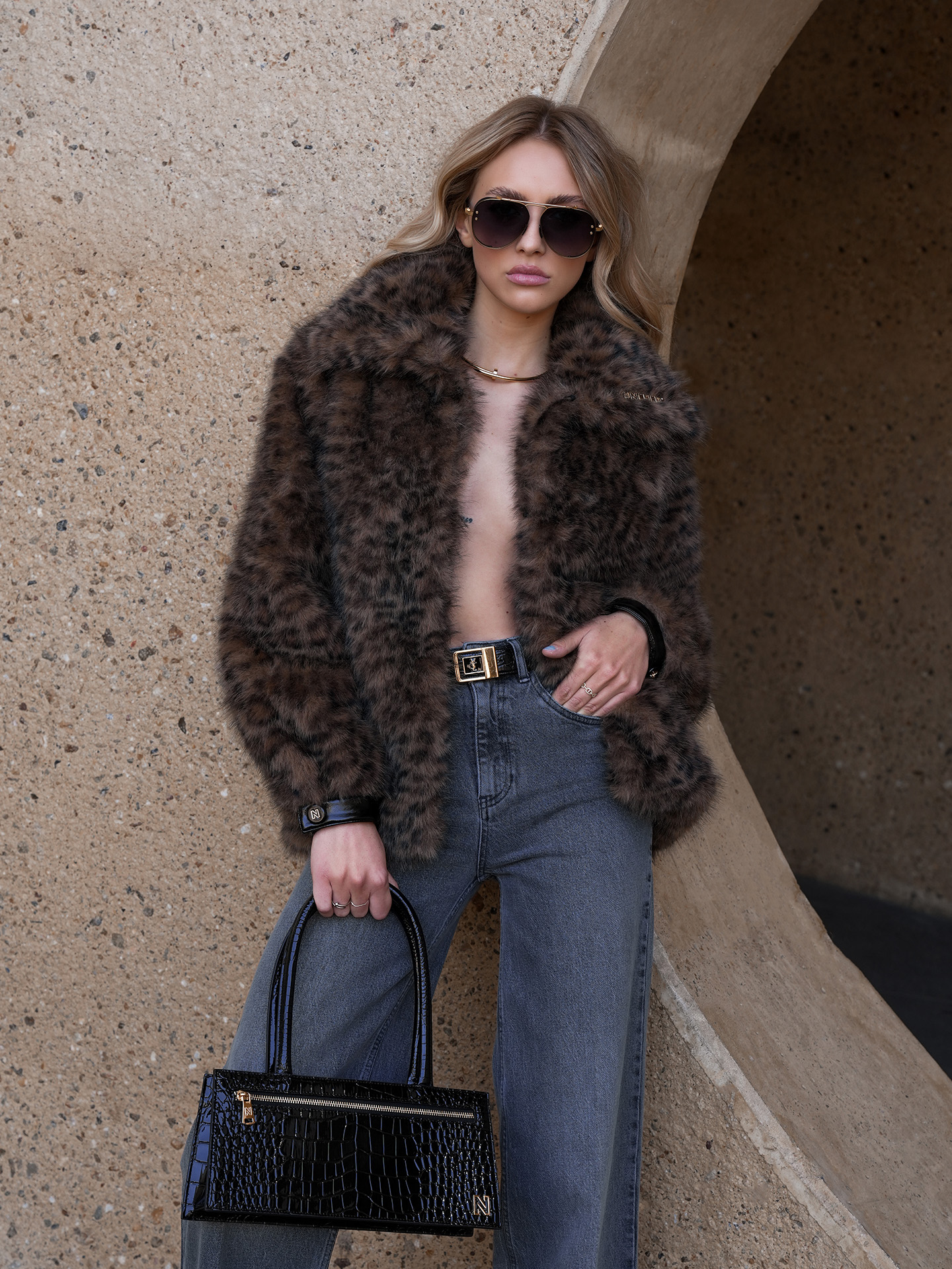 Faux fur coat with leopard print