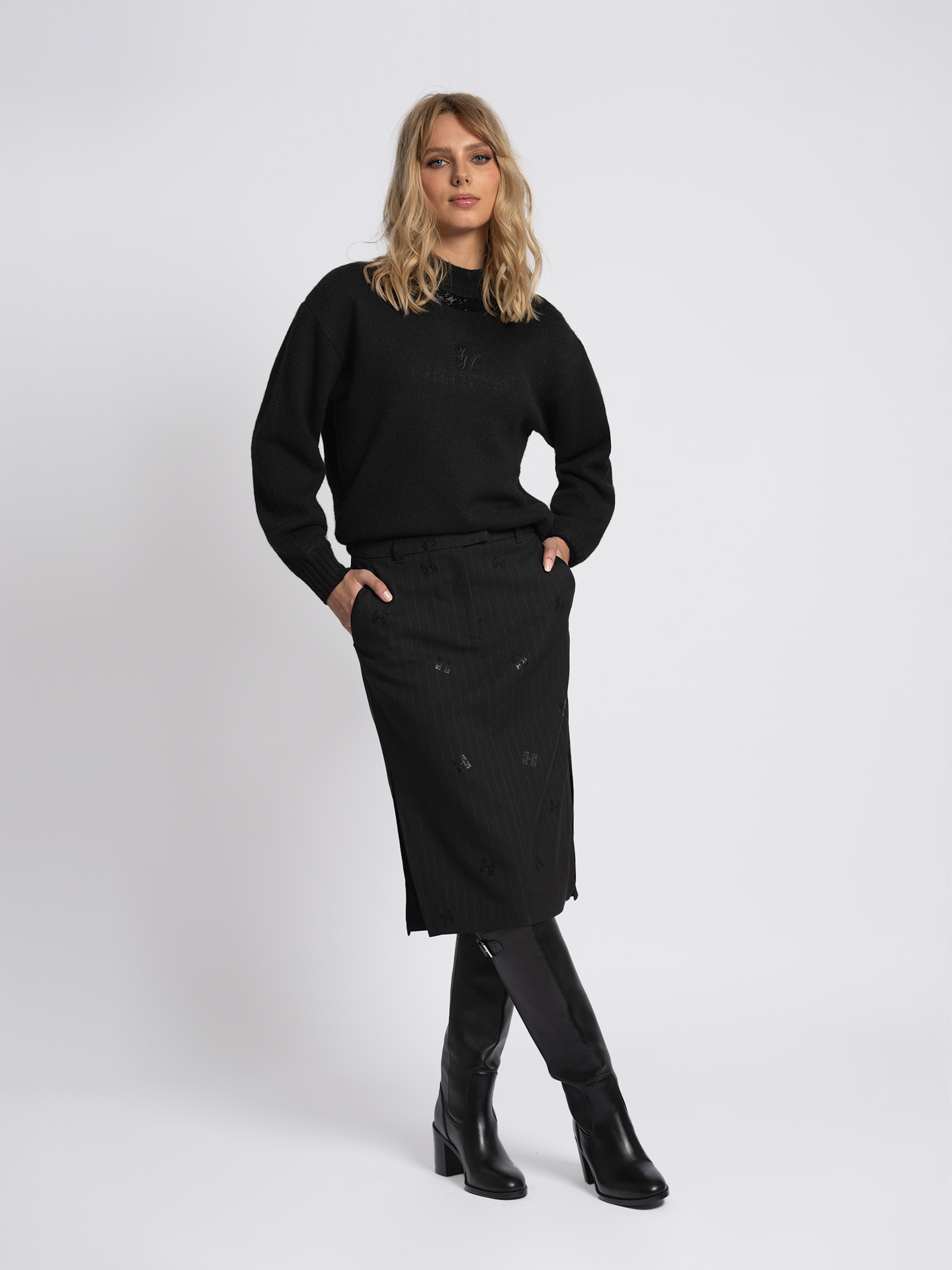 Midi skirt with pinstripe and logos