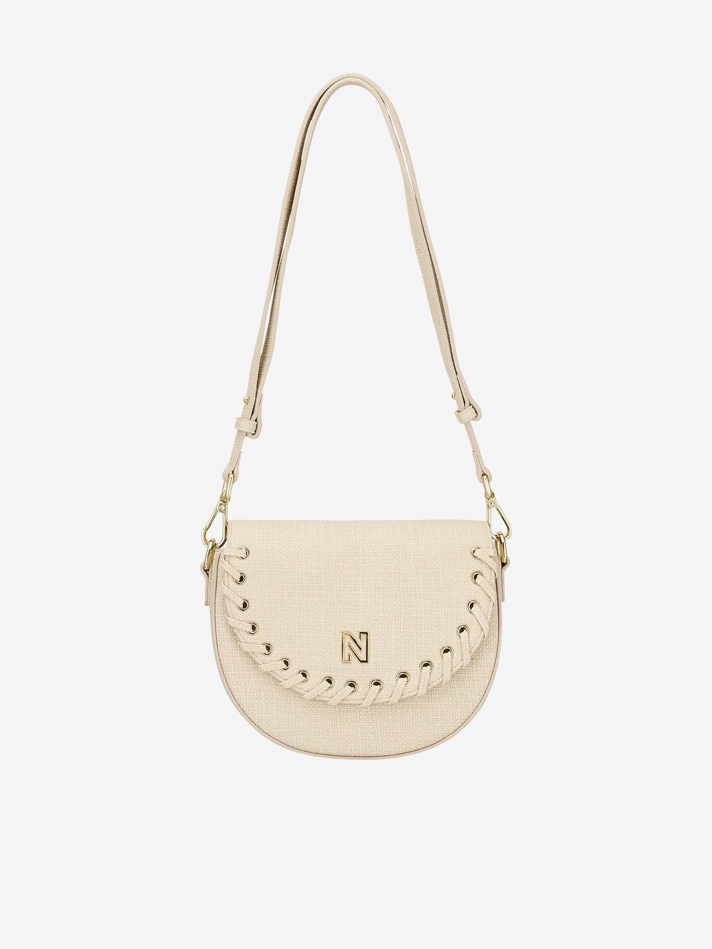 Semi-circular shoulder bag with lace details