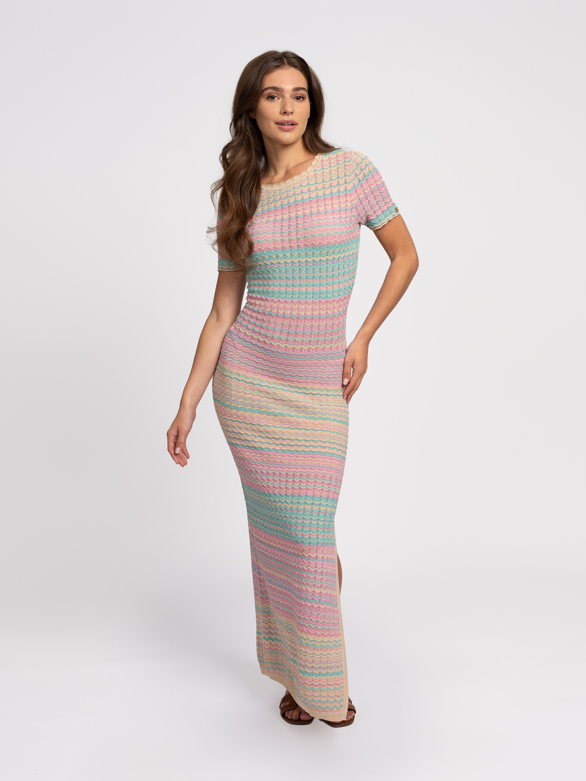 Ajour knitted maxi dress with glitter thread and slit