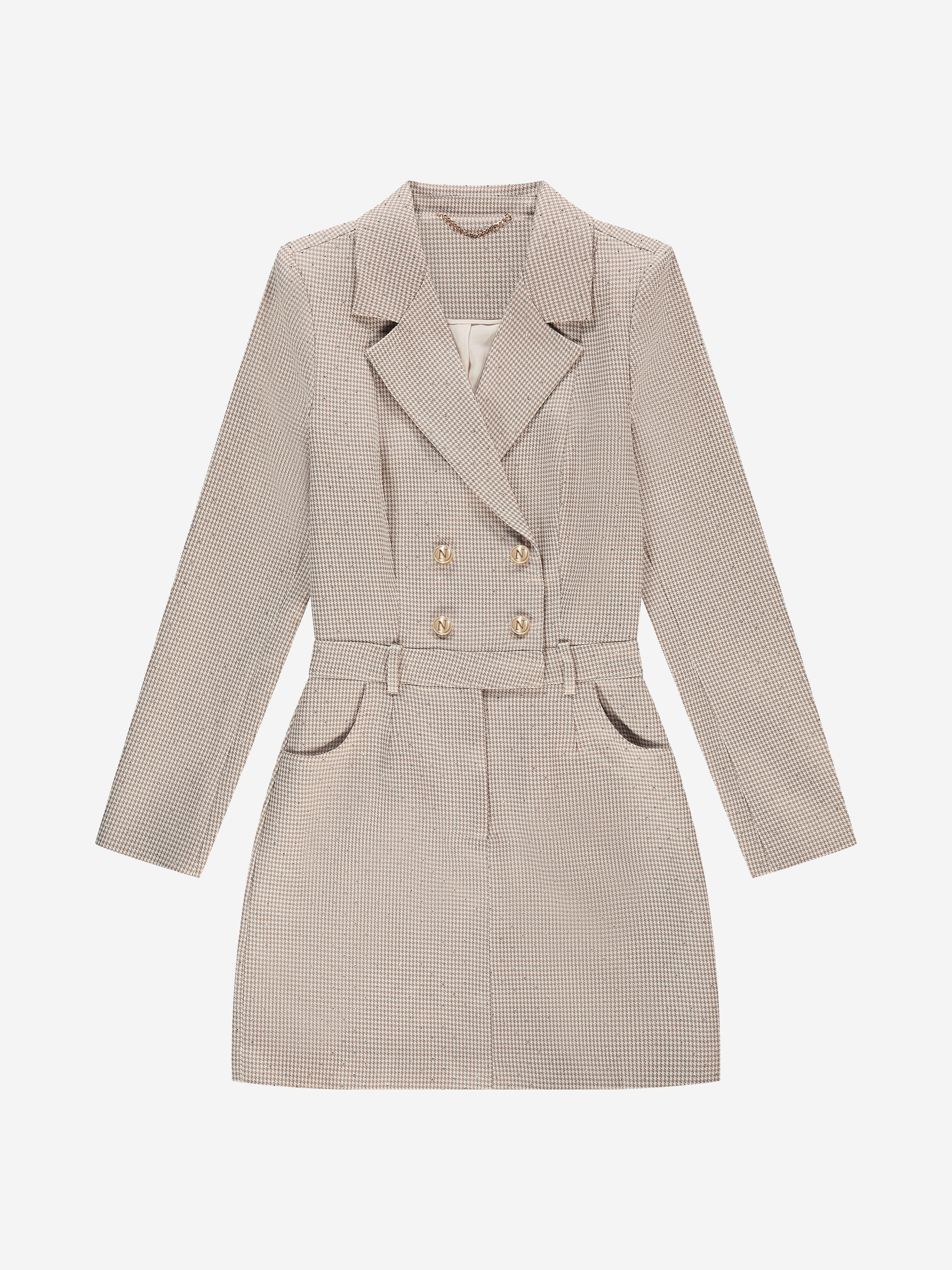 Fitted blazer dress with pied-de-poule pattern and rhinestones