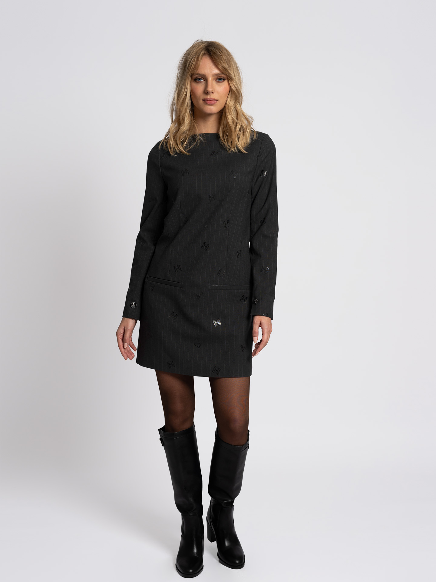 Pinstripe dress with logos